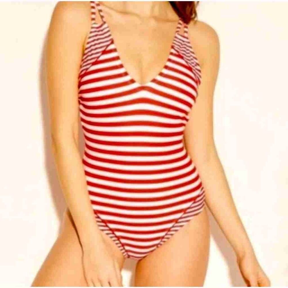 Kona Sol Womens Red White Striped V Neck One Piece Swimsuit